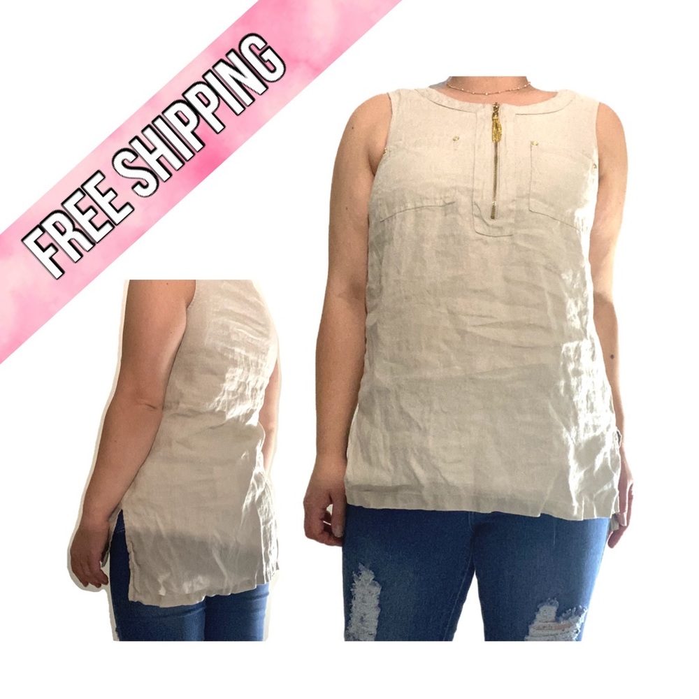 Ellen Tracy linen tunic w/ gold zipper detail - light tan/cream